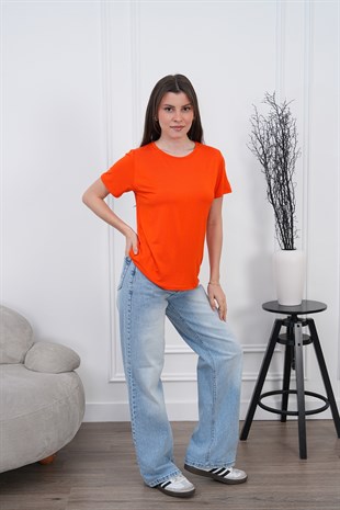  Viskon Dökümlü Tişört -Turuncu