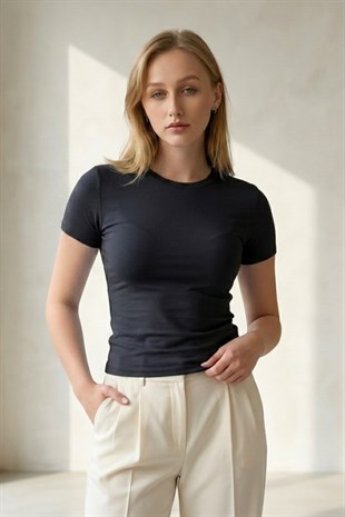 Crop Slim Fit Pamuk Likra Tişört-Siyah