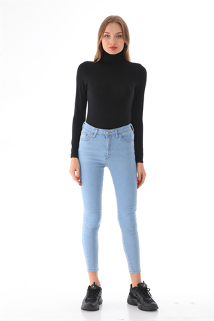 Kadın Viskon Tam Balıkçı Yaka Çıtçıtlı Zıbın Body-Siyah