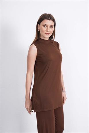 Viskon Kolsuz Tunik-Kahverengi