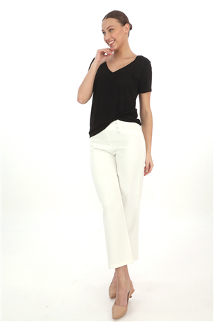 Viskon Dökümlü V Yaka Tişört-Siyah