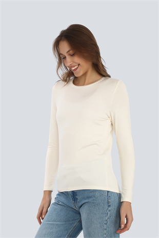 Kadın Zarif İnce Gösteren Viskon Tişört-Krem