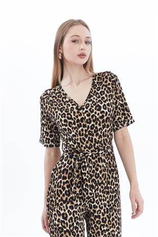 Kadın Krep Beli Kemerli ve Fermuarlı Tulum-Leopar
