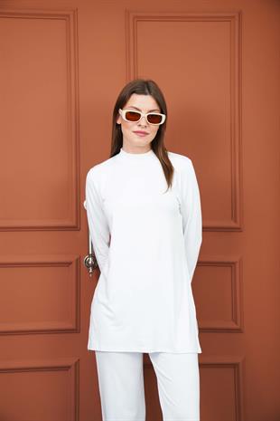 Viskon Tunik ve Pantolon Takım-Beyaz