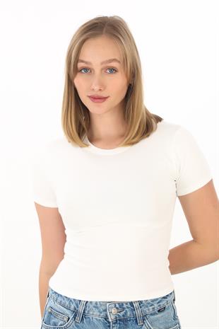 Crop Slim Fit Pamuk Likra Tişört-Ekru