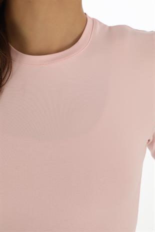 Likralı Pamuk Crop Tişört-Slim Fit -Pudra