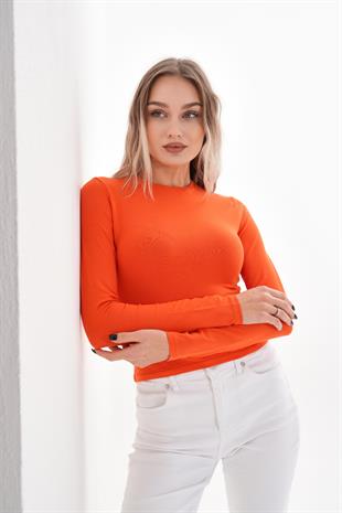 Likralı Pamuk Crop Tişört-Slim Fit -Turuncu