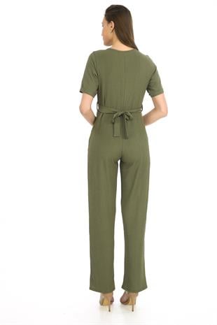 Kadın Krep Beli Kemerli ve Fermuarlı Tulum-Haki