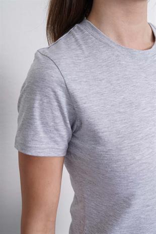 Crop Slim Fit Pamuk Likra Tişört-Gri Melanj