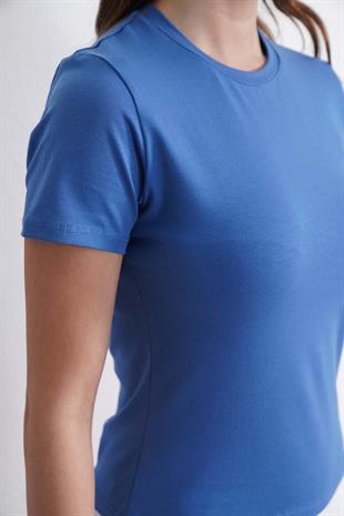 Crop Slim Fit Pamuk Likra Tişört-Koyu Mavi