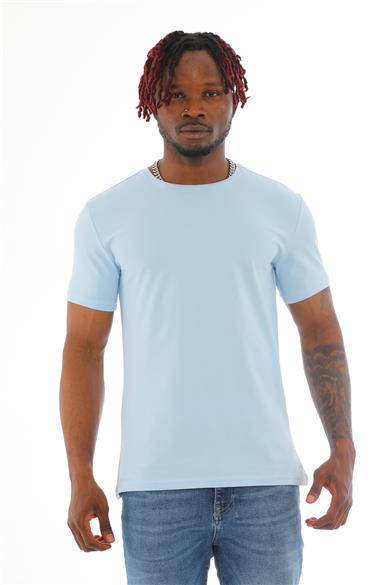 Erkek Slim Fit Pamuk Likra Basic Kısa Kol T-shirt-Mavi