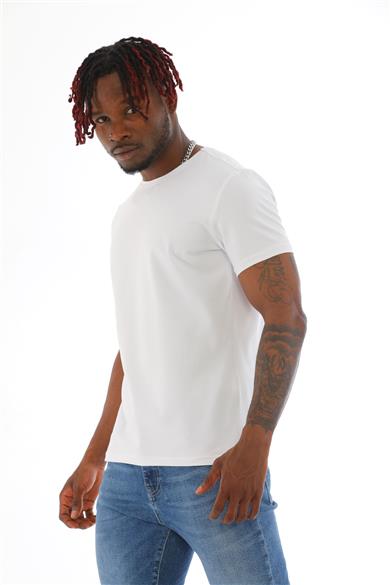Erkek Slim Fit Pamuk Likra Basic Kısa Kol T-shirt-Beyaz
