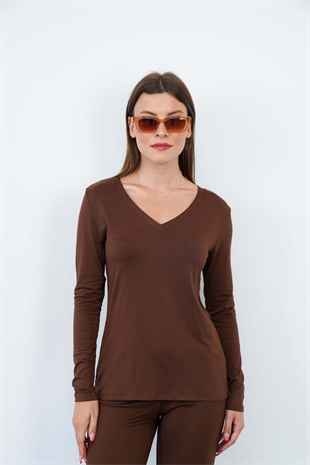 Yumuşak, Rahat ve Şık Viskon V Yaka Tişört-Kahverengi