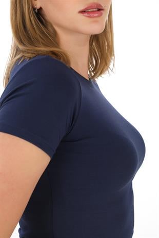 Crop Slim Fit Pamuk Likra Tişört-Lacivert