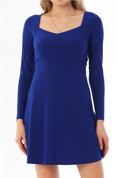 Kadın Beşgen Yaka Kısa Elbise-Saks