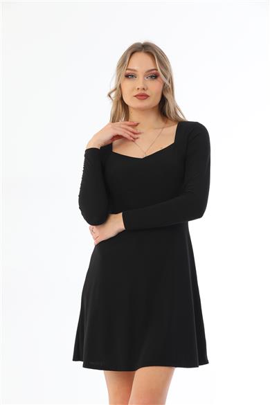 Kadın Beşgen Yaka Kısa Elbise-Siyah