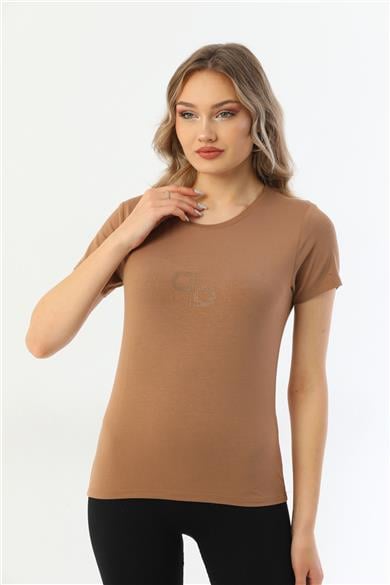 Kadın Bisiklet Yaka Taş Detaylı Kısa Kollu Tişört-Vizon