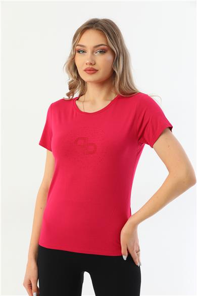 Kadın Bisiklet Yaka Taş Detaylı Kısa Kollu Tişört-Fuşya purple