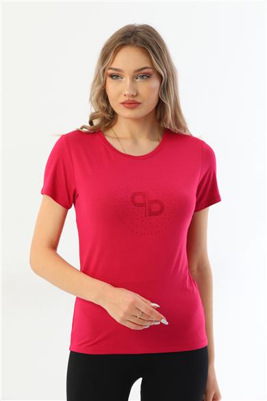 Kadın Bisiklet Yaka Taş Detaylı Kısa Kollu Tişört-Fuşya purple