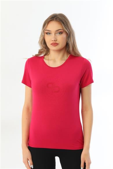 Kadın Bisiklet Yaka Taş Detaylı Kısa Kollu Tişört-Fuşya purple
