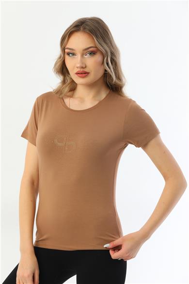 Kadın Bisiklet Yaka Taş Detaylı Kısa Kollu Tişört-Vizon