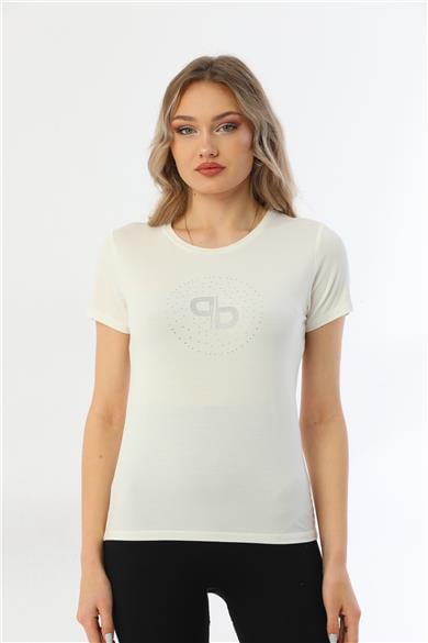 Kadın Bisiklet Yaka Taş Detaylı Kısa Kollu Tişört-Krem
