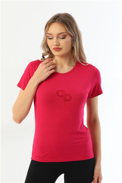 Kadın Bisiklet Yaka Taş Detaylı Kısa Kollu Tişört-Fuşya purple
