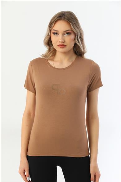 Kadın Bisiklet Yaka Taş Detaylı Kısa Kollu Tişört-Vizon