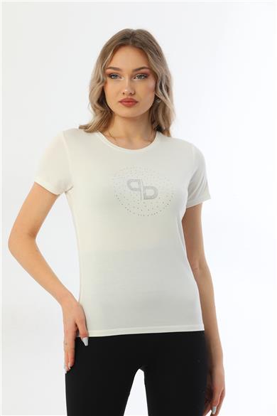 Kadın Bisiklet Yaka Taş Detaylı Kısa Kollu Tişört-Krem