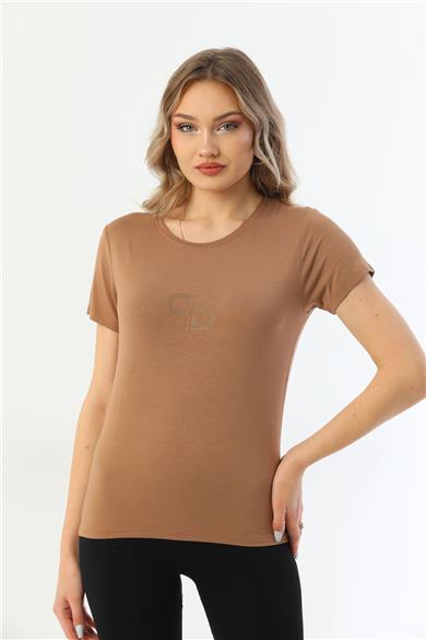 Kadın Bisiklet Yaka Taş Detaylı Kısa Kollu Tişört-Vizon