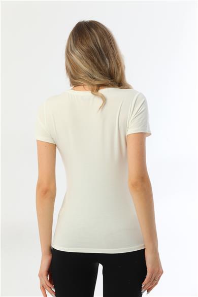 Kadın Bisiklet Yaka Taş Detaylı Kısa Kollu Tişört-Krem