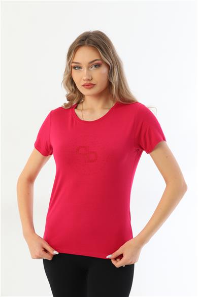 Kadın Bisiklet Yaka Taş Detaylı Kısa Kollu Tişört-Fuşya purple