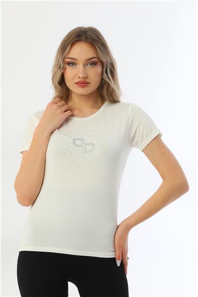 Kadın Bisiklet Yaka Taş Detaylı Kısa Kollu Tişört-Krem