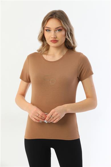Kadın Bisiklet Yaka Taş Detaylı Kısa Kollu Tişört-Vizon