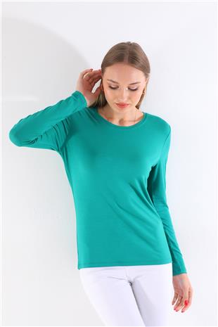 Kadın Zarif İnce Gösteren Viskon Tişört-Okyanus Yeşili