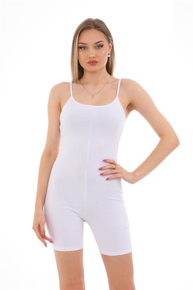 Kadın Body İp Askılı Şort Tulum-Beyaz