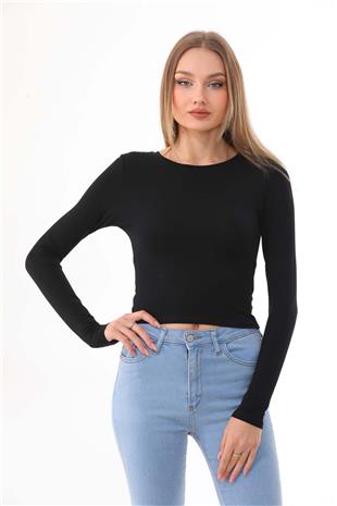 Kadın Crop Pamuklu Basic T-shirt -Siyah