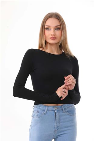 Kadın Crop Pamuklu Basic T-shirt -Siyah