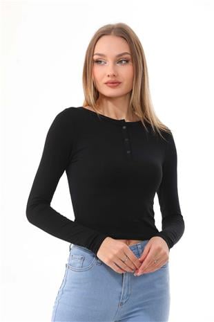 Kadın Crop Pamuklu Patlı T-shirt-Siyah