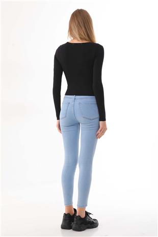 Kadın Crop Pamuklu V Yaka T-shirt -Siyah