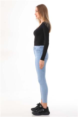 Kadın Crop Pamuklu V Yaka T-shirt -Siyah