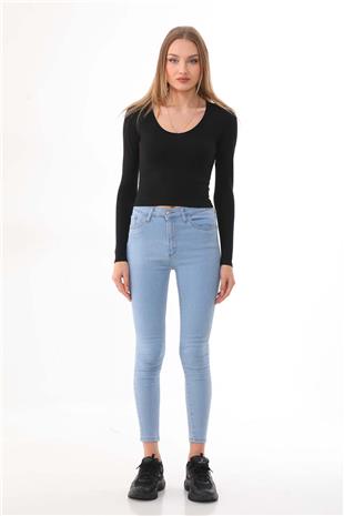 Kadın Crop Pamuklu V Yaka T-shirt -Siyah