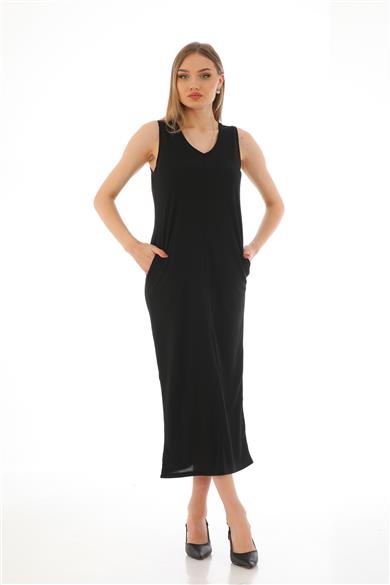 Kadın Krep V Yaka Yırtmaçlı Uzun Elbise-Siyah