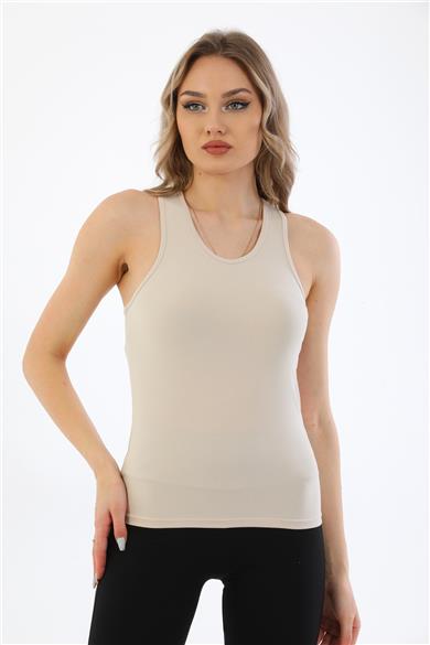 Kadın Pamuklu Likralı Sporcu Askılı Atlet-Bej