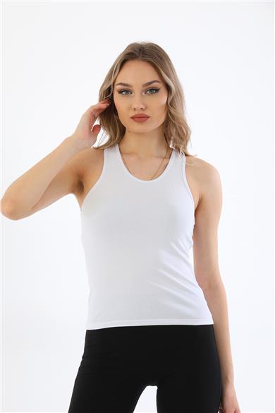 Kadın Pamuklu Likralı Sporcu Askılı Atlet-Beyaz