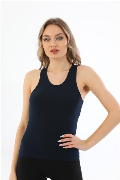 Kadın Pamuklu Likralı Sporcu Askılı Atlet-Lacivert