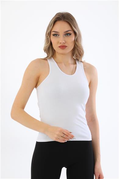 Kadın Pamuklu Likralı Sporcu Askılı Atlet-Beyaz