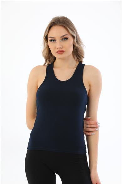 Kadın Pamuklu Likralı Sporcu Askılı Atlet-Lacivert