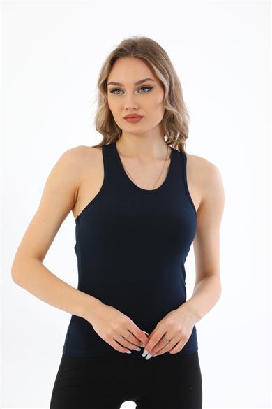 Kadın Pamuklu Likralı Sporcu Askılı Atlet-Lacivert