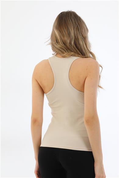 Kadın Pamuklu Likralı Sporcu Askılı Atlet-Bej